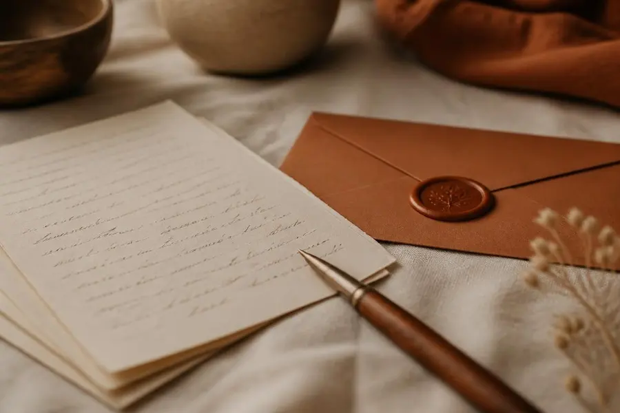 Guidance écrite — réponses par e-mail à vos questions Lettre manuscrite et enveloppe cachetée à la cire sur une nappe de lin, guidance écrite envoyée par e-mail