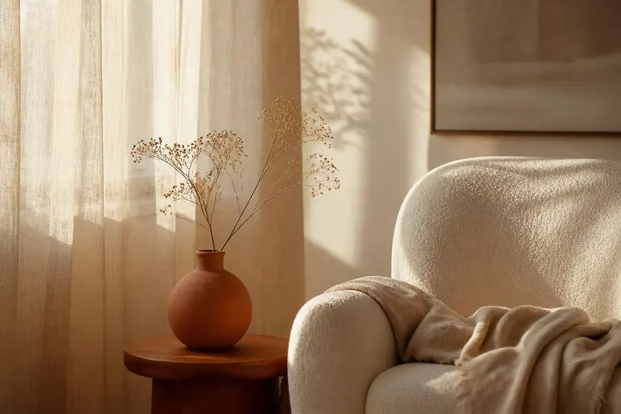 Guidance générale — consultation en présentiel ou à distance Fauteuil clair baigné de lumière douce avec un vase en terre cuite, cadre d'une guidance générale