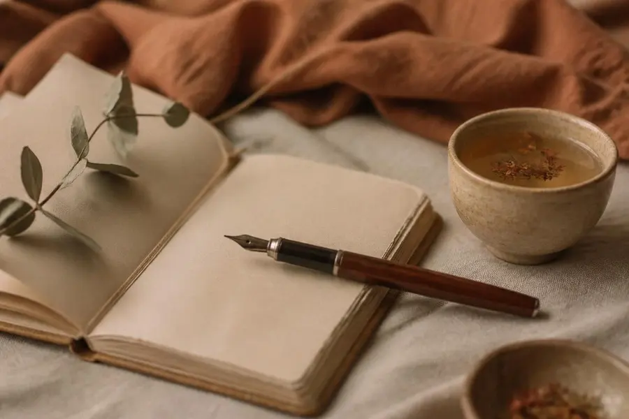 Guidance sur un thème — consultation ciblée avec Sylvia Médium Carnet ouvert, stylo plume et tasse de tisane sur un lin ivoire, guidance sur un thème précis